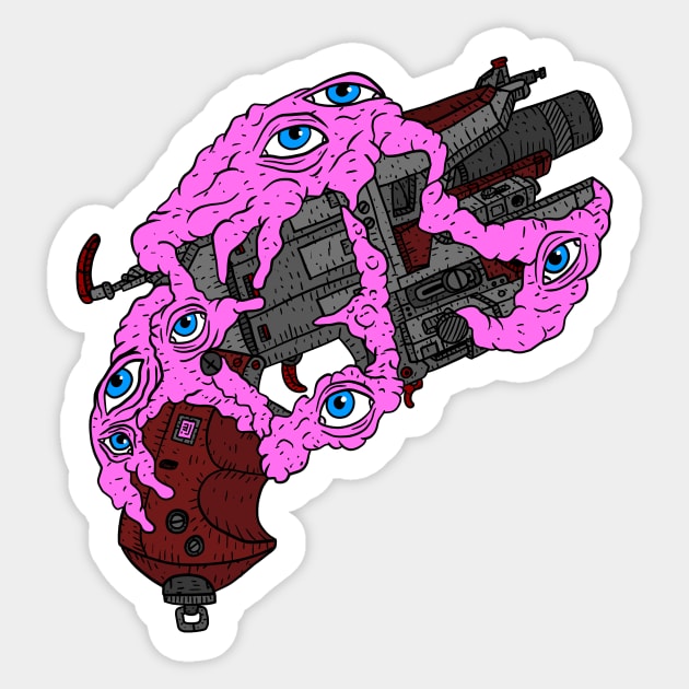 a sci fi artwork, alien eyes guarding a cyberpunk revolver. Sticker by JJadx